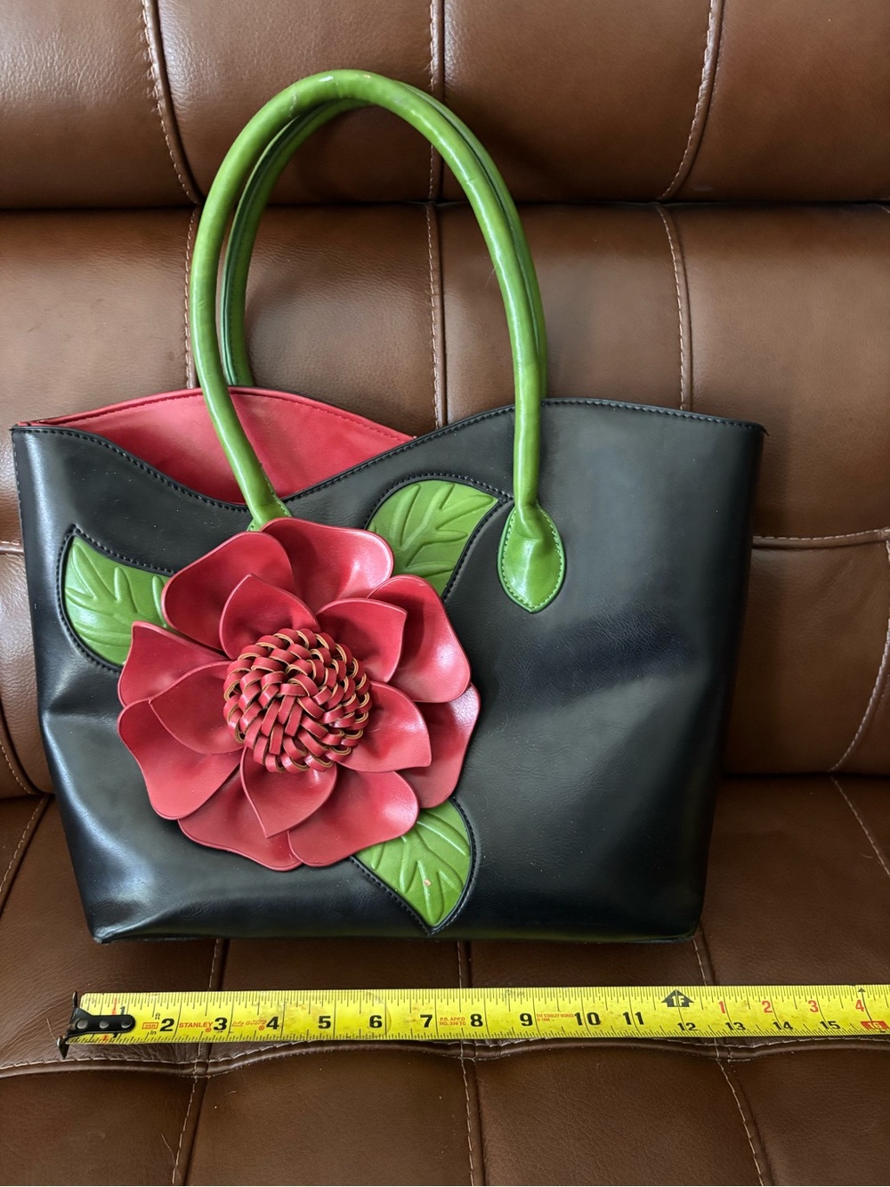 Black Tote Bag with Red Flower and Green Handles